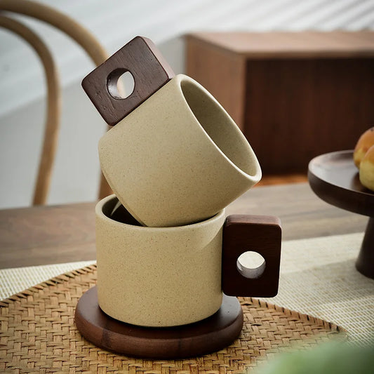 Natural Harmony Ceramic Coffee Cup with Elegant Wooden Handle