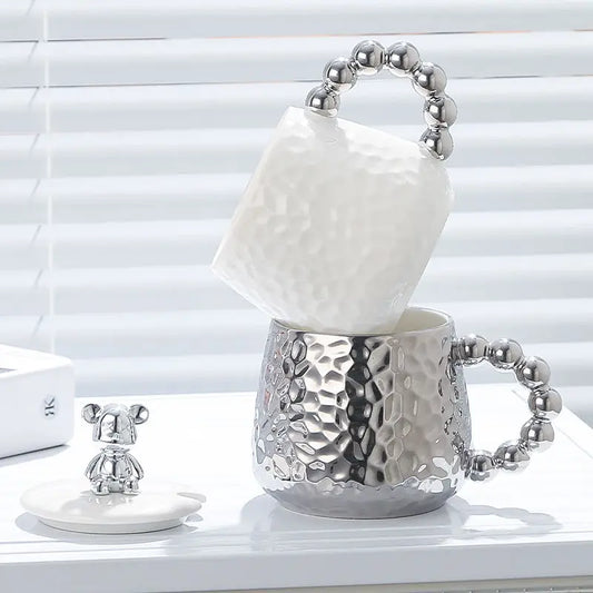 European Ceramic Coffee Cup Set with Galvanized Silver Bear Motif