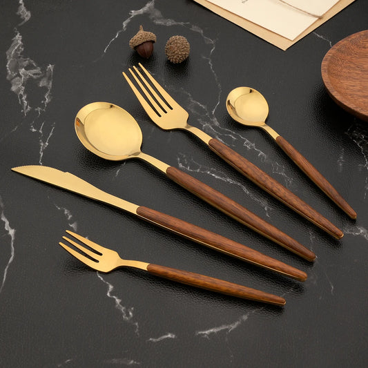 Romeos Exquisite 20 Piece Wooden Handle Cutlery Set for Elegant Dining
